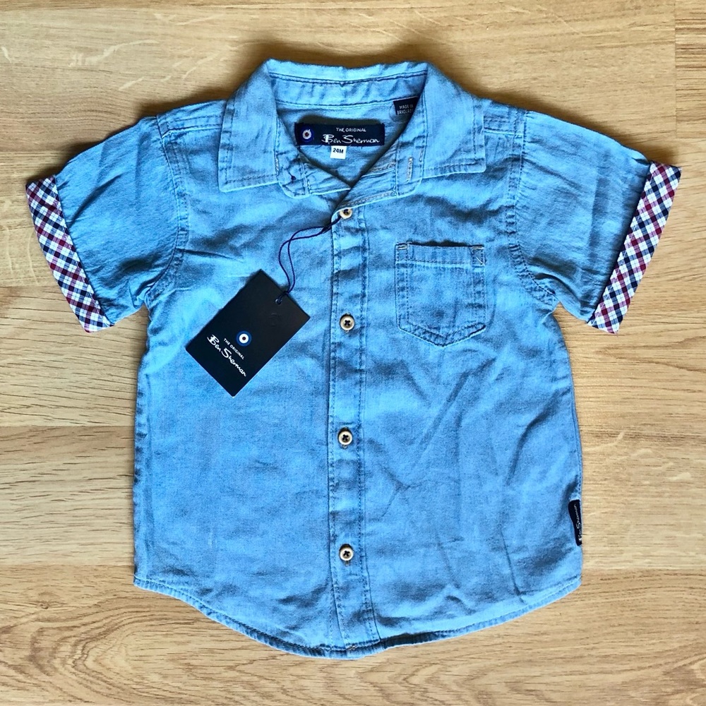 NWT Ben Sherman Baby Boy Button Down Denim/Chambray Shirt-Plaid Cuffs on Sleeves